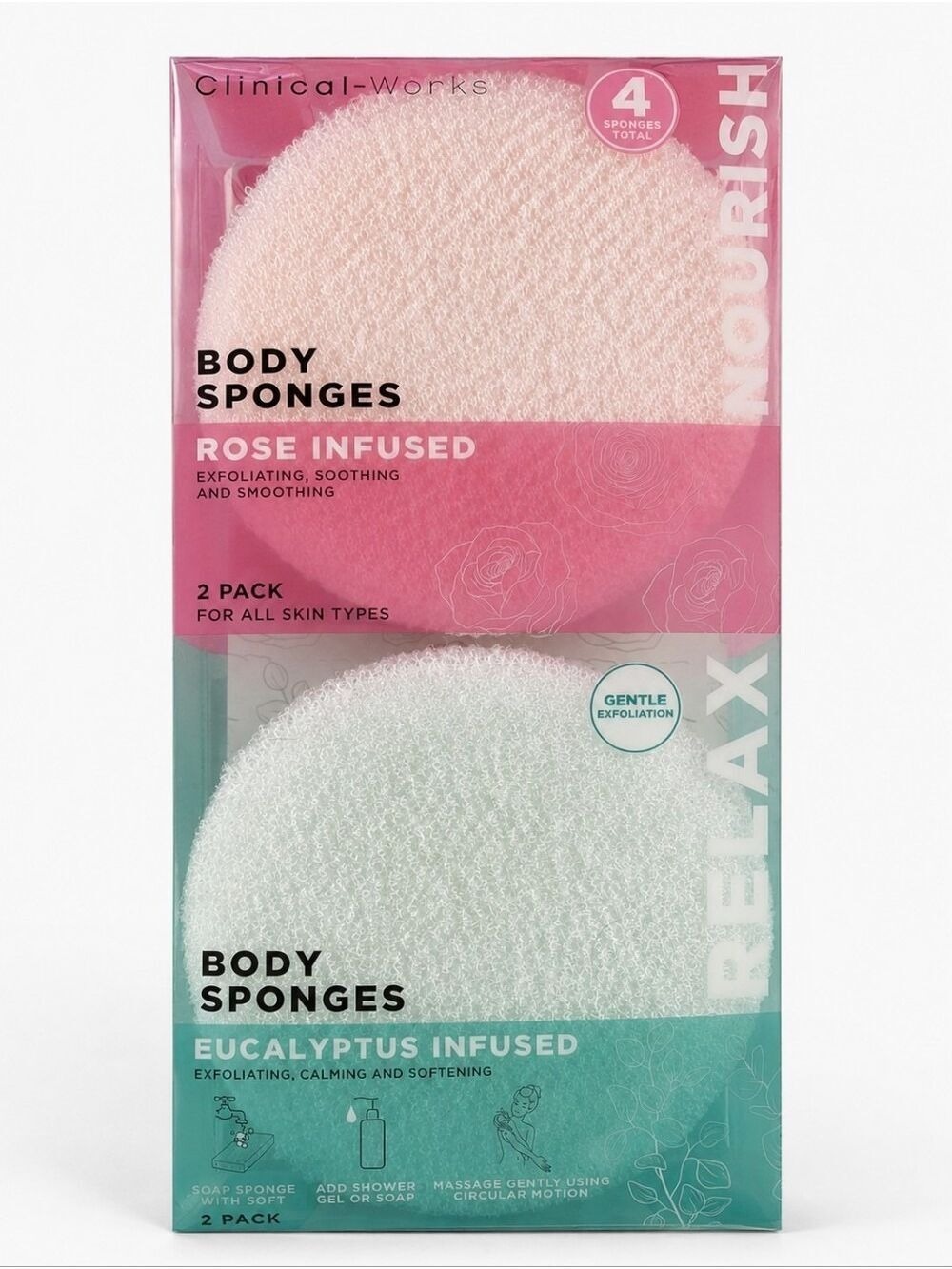 Clinical Works Rose & Eucalyptus Body Sponges 4 Pack